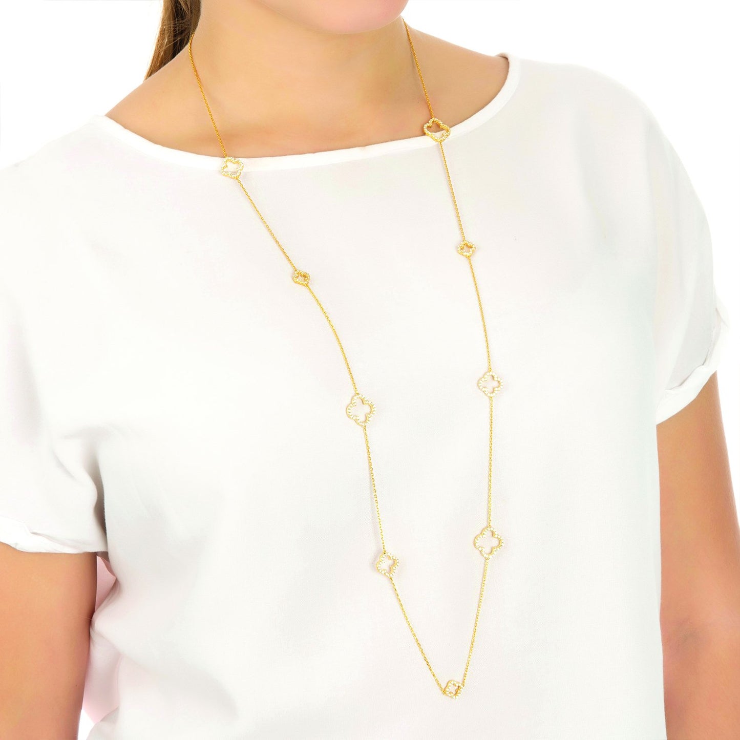 Open Clover Long White Cz Necklace 22k Gold AAA White Cubic