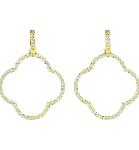 Open Clover Large Drop Earrings 22k Gold AAA Grade Cubic Zirconia.