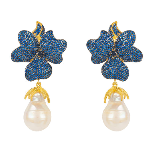 Baroque Pearl Sapphire Blue Flower Earrings 22k Gold AAA Grade Blue Cubic Zirconia Baroque Pearls