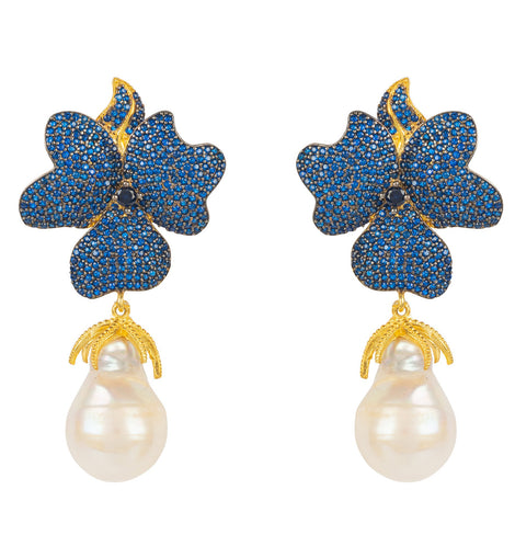 Baroque Pearl Sapphire Blue Flower Earrings 22k Gold AAA Grade Blue Cubic Zirconia Baroque Pearls
