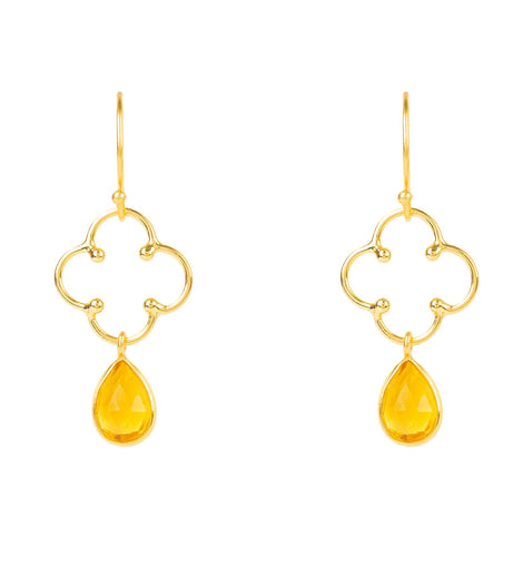 Open Clover Gemstone Drop Earrings 22k Gold, 3.6 Carats Citrine