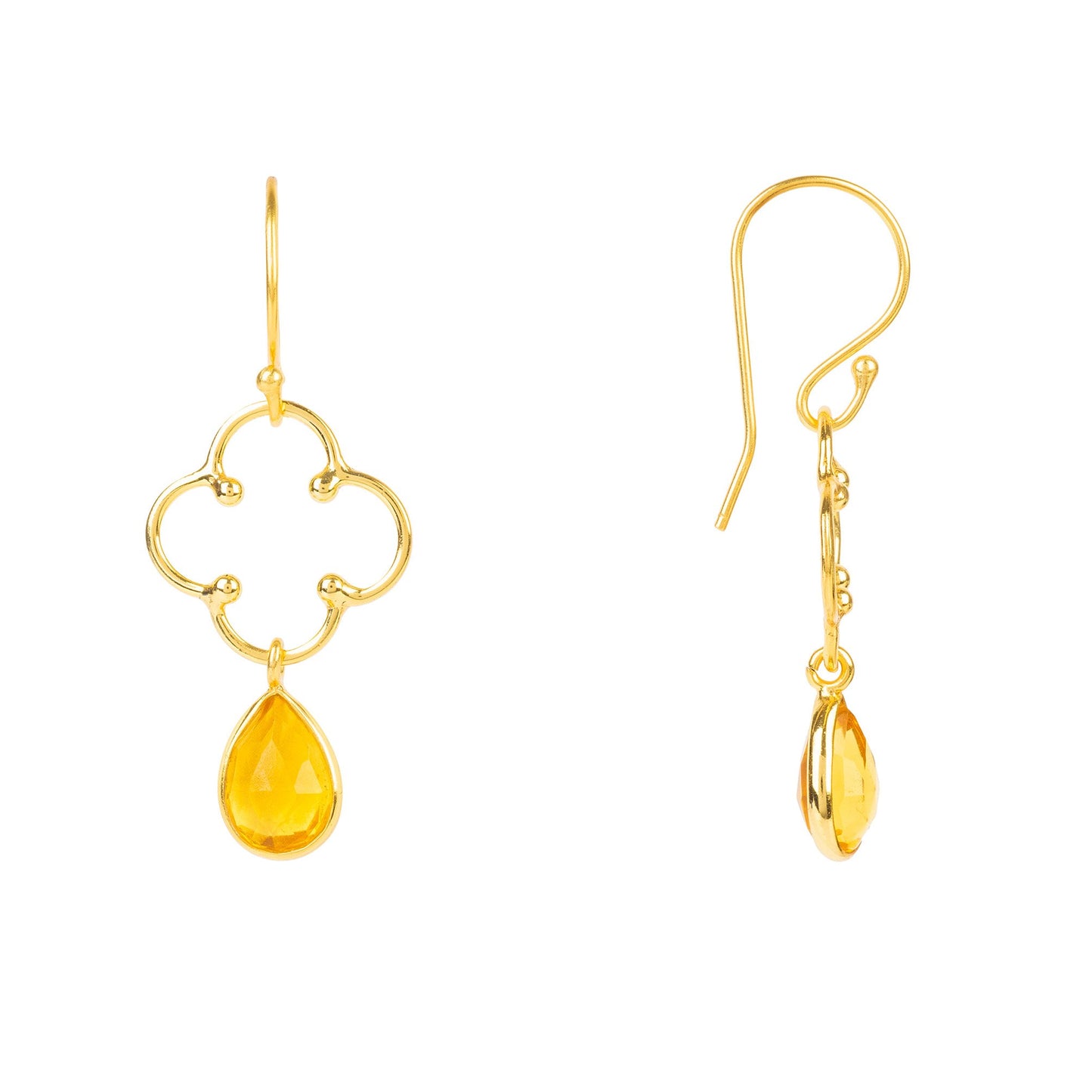 Open Clover Gemstone Drop Earrings 22k Gold, 3.6 Carats Citrine