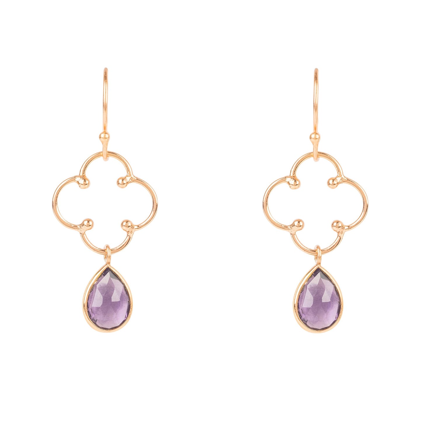 Open Clover Gemstone Drop Earrings Rosegold Amethyst Hydro 22k Gold