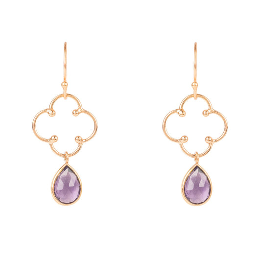 Open Clover Gemstone Drop Earrings Rosegold Amethyst Hydro 22k Gold