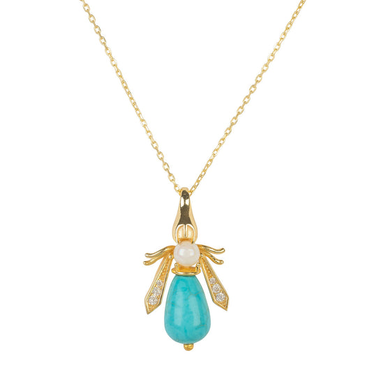 Turquoise & Pearl Gemstone Bee Pendant Necklace 22k Gold
