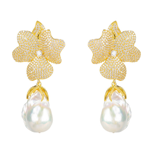 Baroque Pearl White Flower Earrings Yellow 22k Gold AAA Grade Cubic Zirconia Baroque Pearls