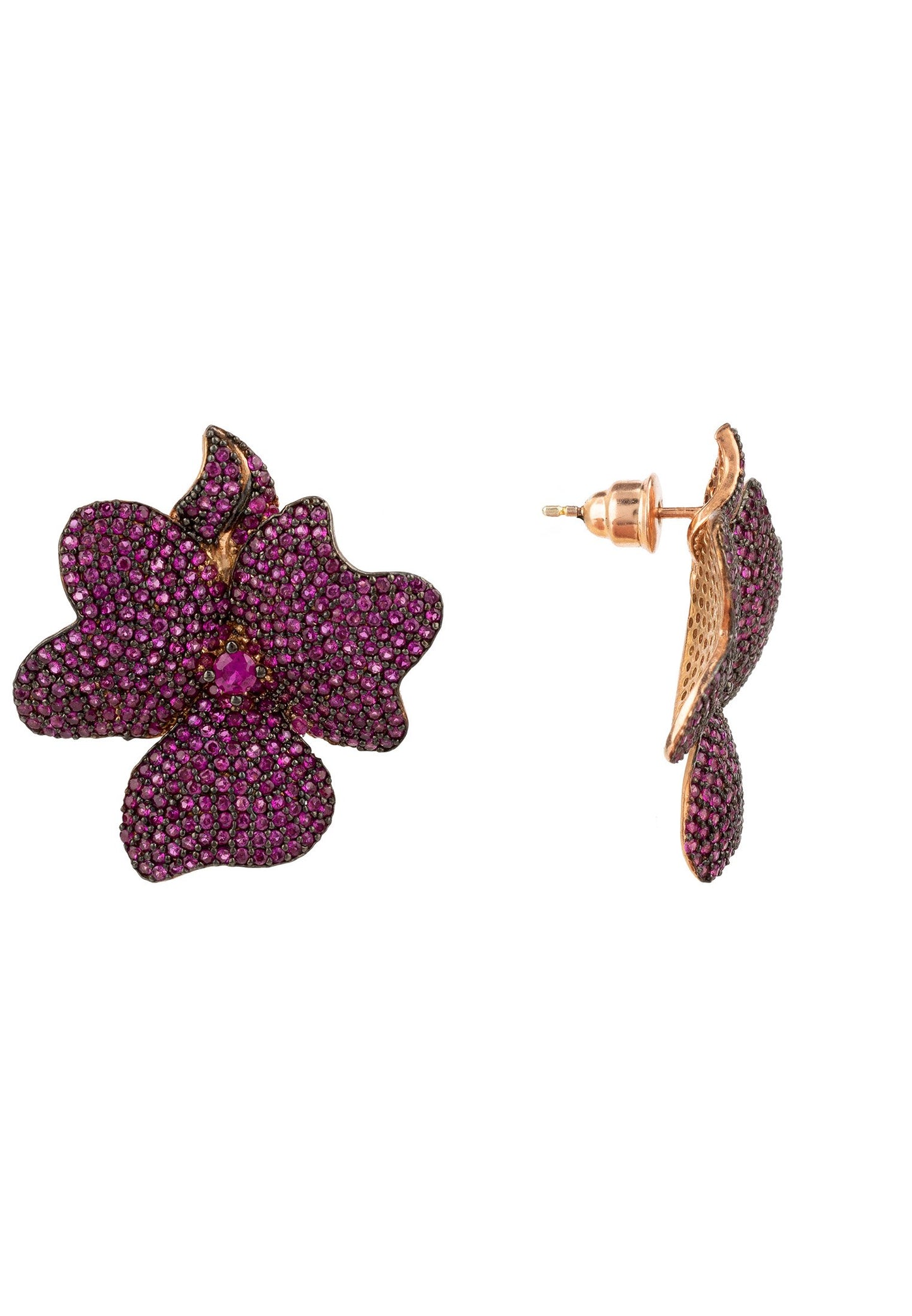 Flower Large Stud Earrings Ruby Rose Gold