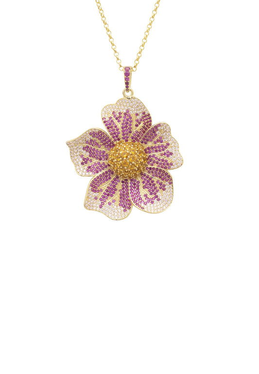 Pansy Flower Pink Necklace Gold