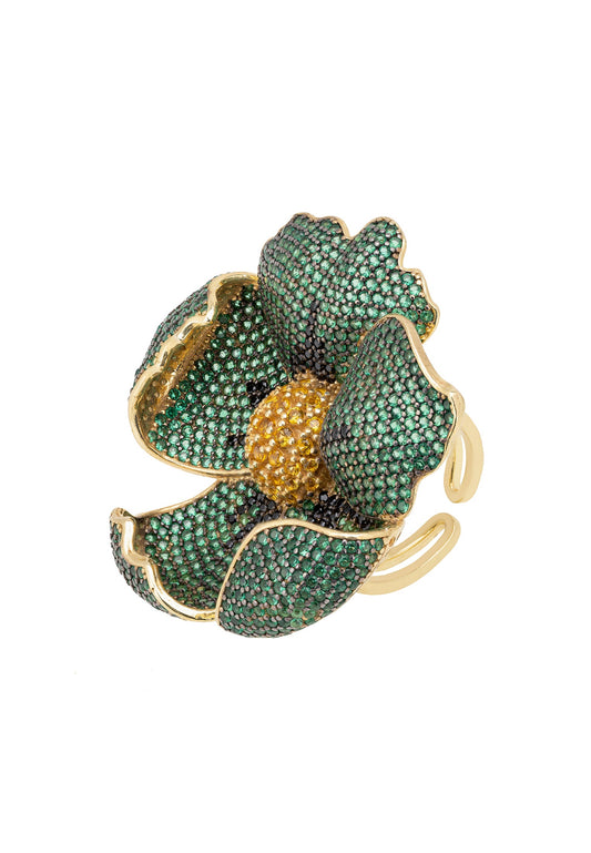 Poppy Flower Green Ring Gold