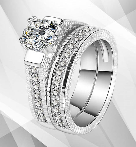 2.50Ct Diamond Posh Bridal Engagement Double Band Ring Set 18Ct White