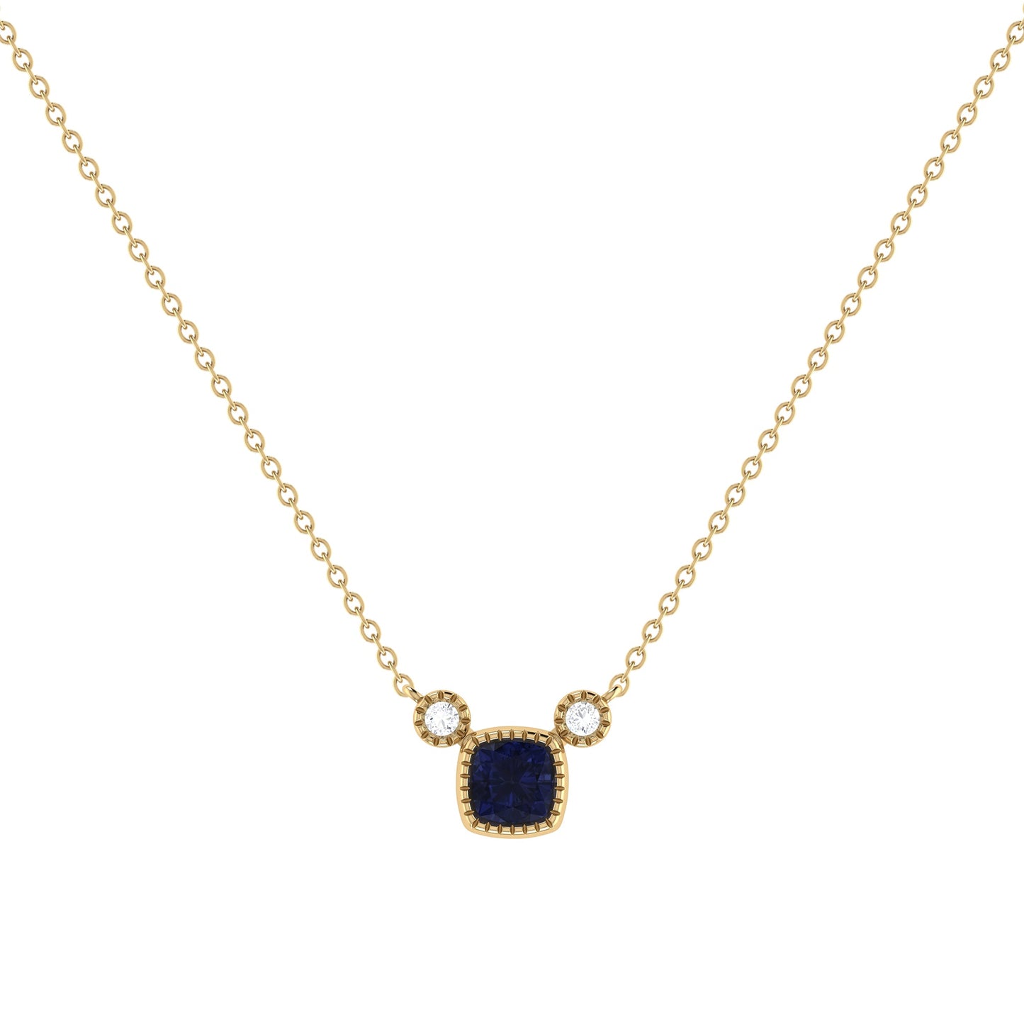 Cushion Cut Sapphire & 18" Diamond Birthstone Necklace In 14K Yellow Gold Exclusive