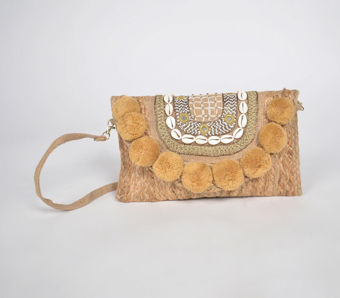 Pom-Pom Embellished & Braided Jute Sling Bag Q Handbags Shoulderbag