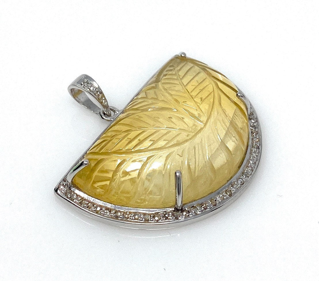 Carved Citrine Diamond Pendant, Pave Diamond Sterling Silver Pendant,