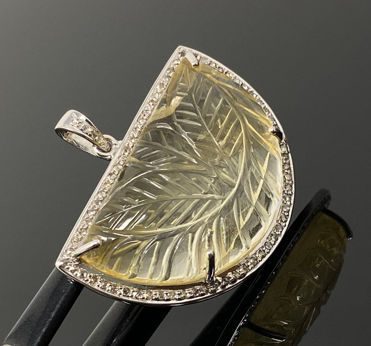 Carved Citrine Diamond Pendant, Pave Diamond Sterling Silver Pendant,