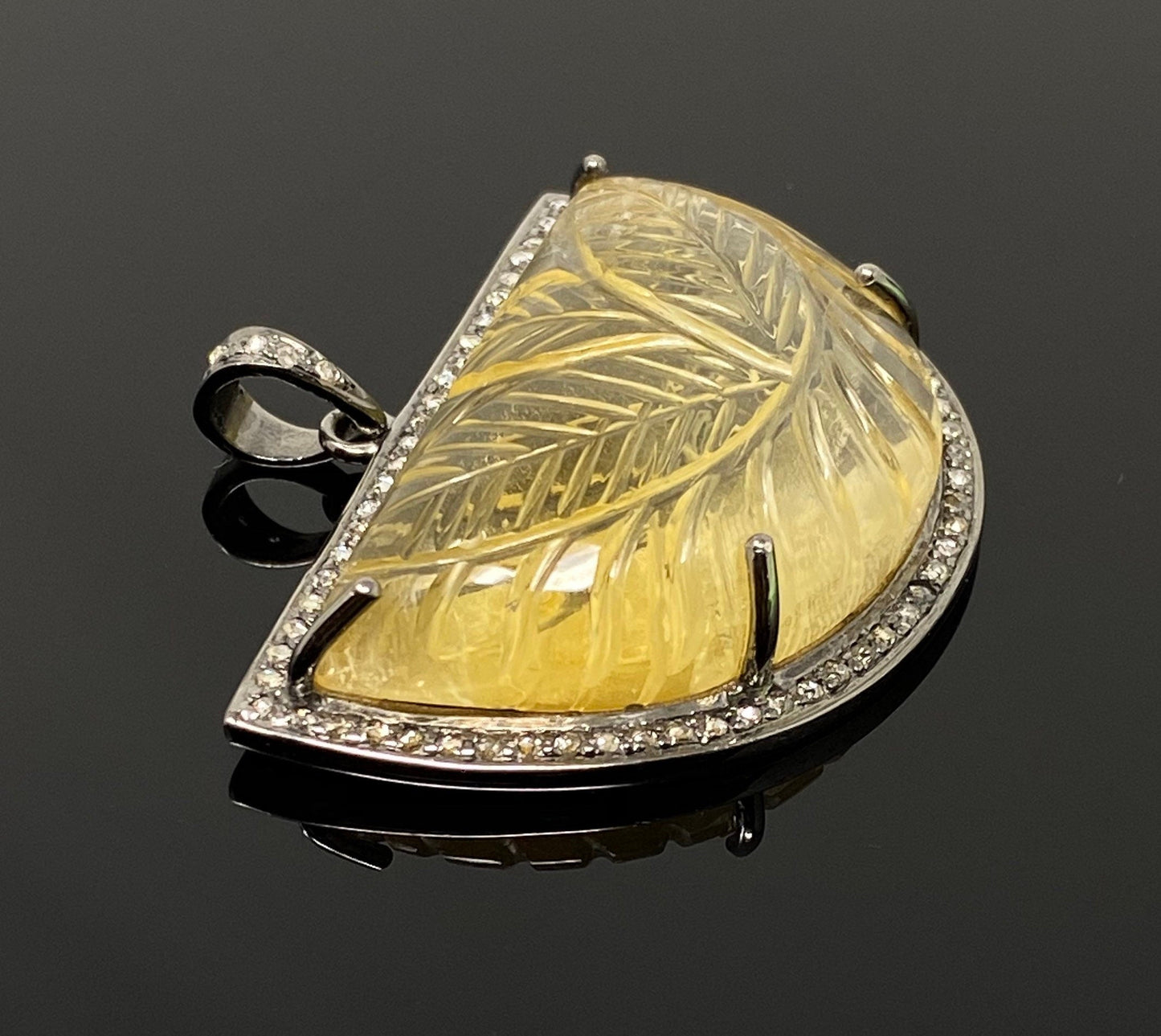 Carved Citrine Diamond Pendant, Pave Diamond Oxidized Sterling Silver
