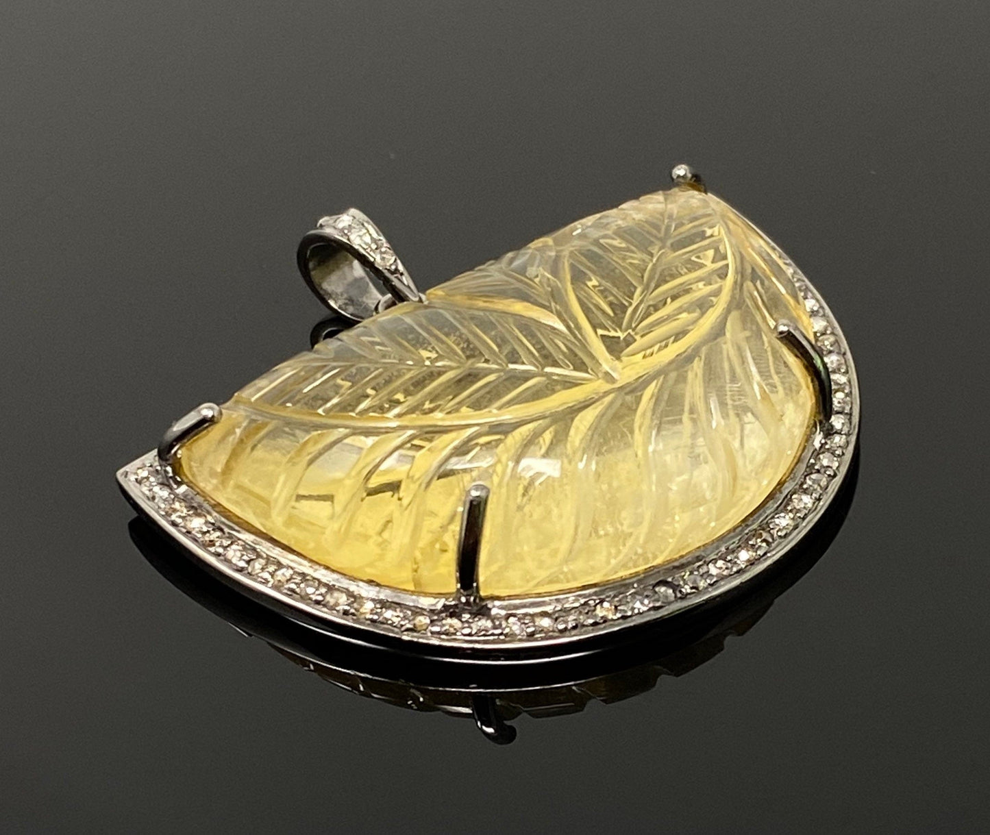 Carved Citrine Diamond Pendant, Pave Diamond Oxidized Sterling Silver