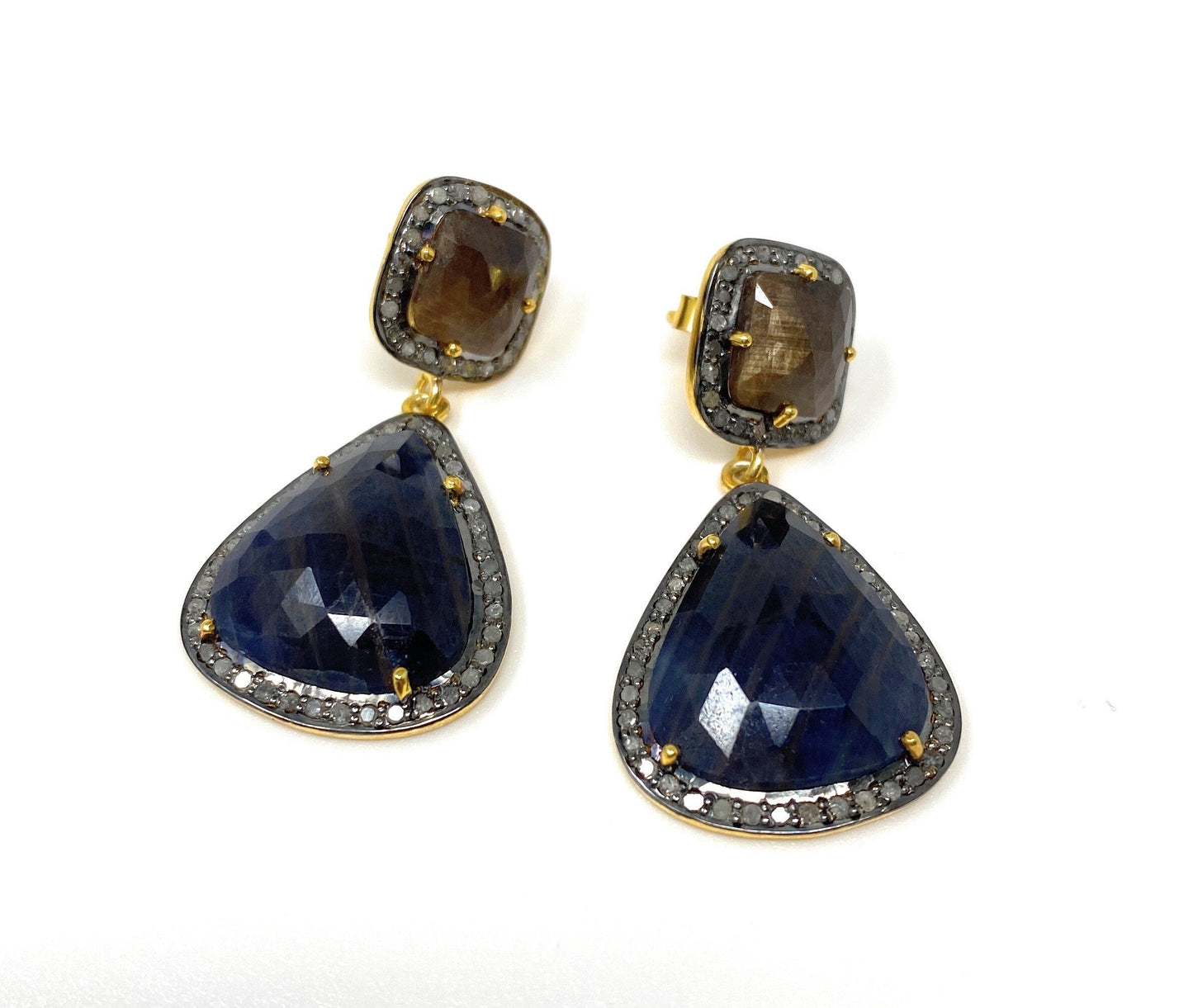 Pave Diamond Earrings, Blue Sapphire and Smoky Sapphire Earrings, Anti