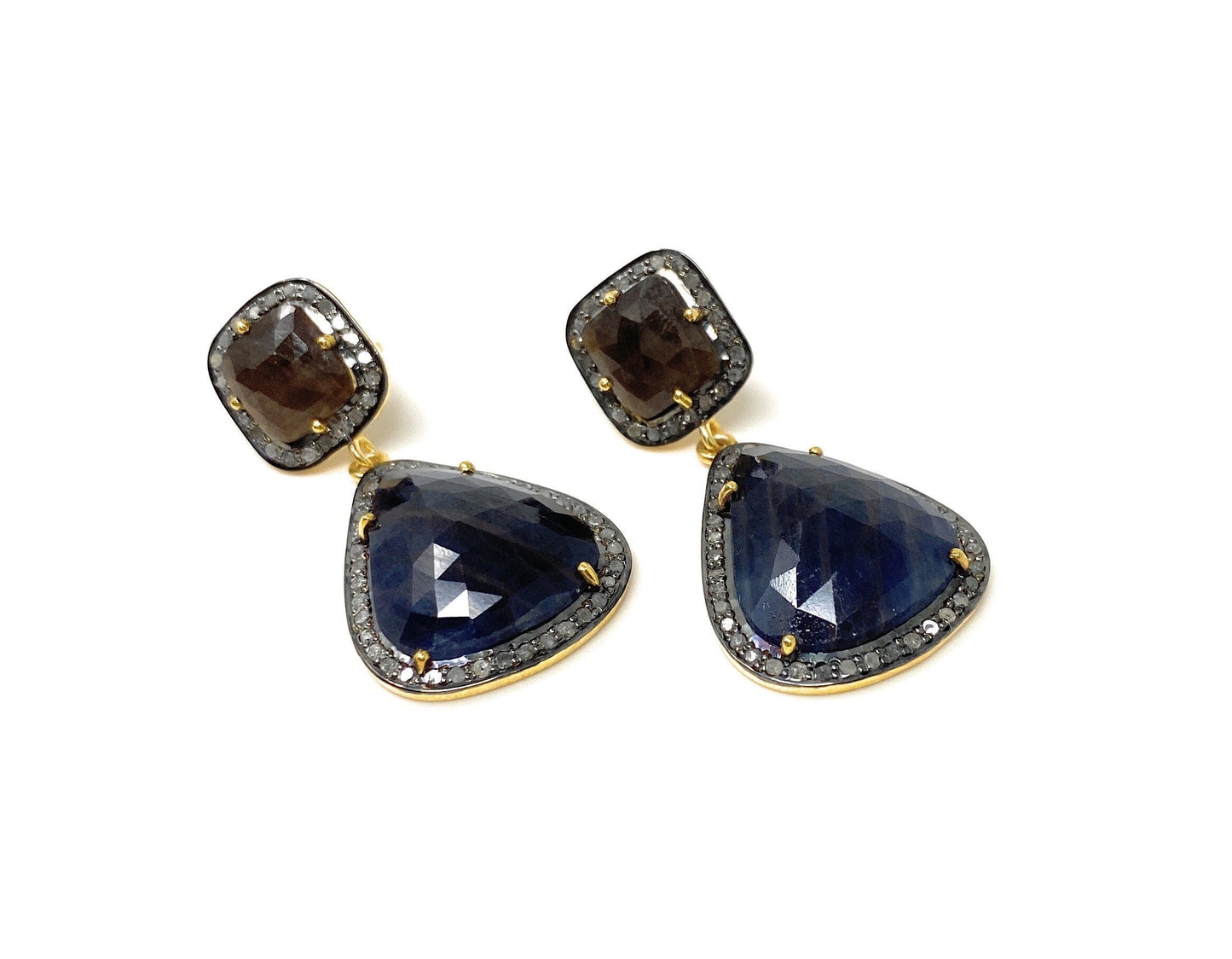 Pave Diamond Earrings, Blue Sapphire and Smoky Sapphire Earrings, Anti