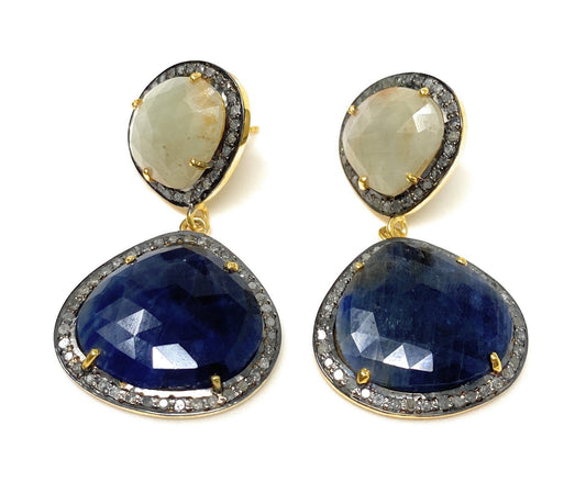 Rare Blue and Off White Sapphire Pave Diamond Earrings, Genuine Fancy