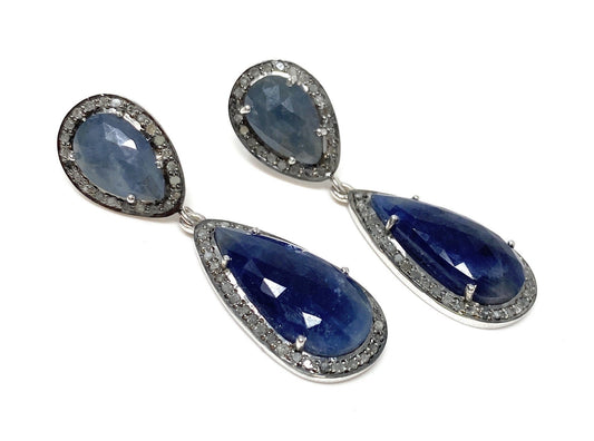 Pave Diamond Sapphire Earrings, Natural Blue Sapphire Gemstone Earring