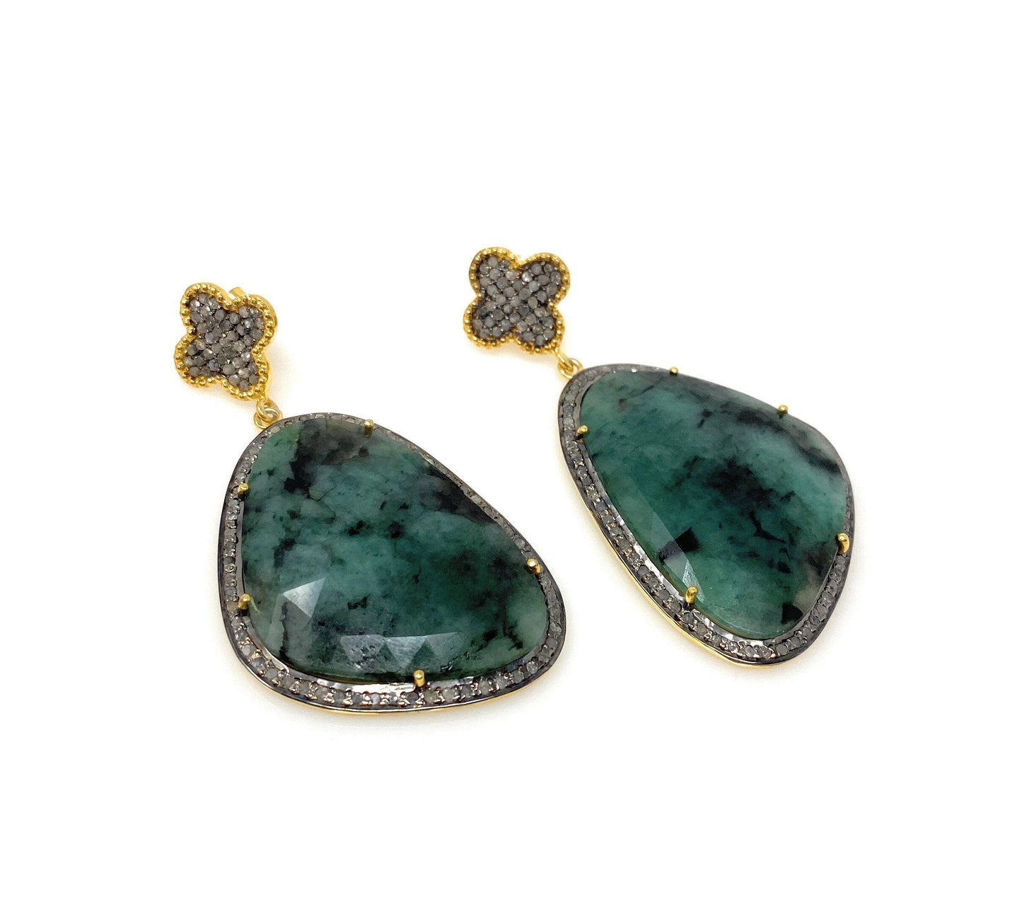 Genuine Emerald Pave Diamond Earrings, Natural Gemstone Earrings, Vict