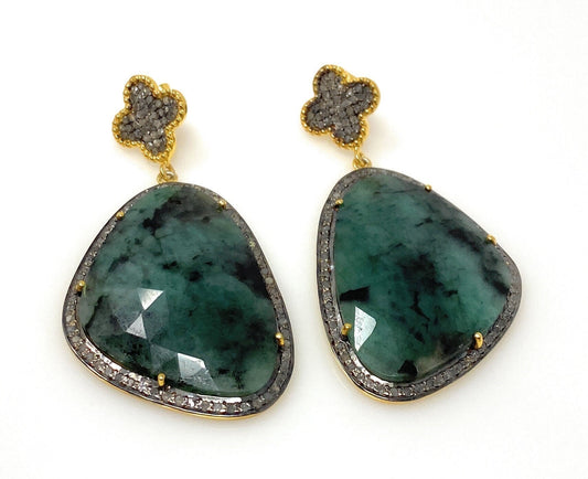 Äkta Emerald Pave diamantörhängen, naturliga ädelstensörhängen, Vict
