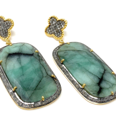 Rare Emerald Pave Diamond Earrings, Natural Gemstone Earrings,