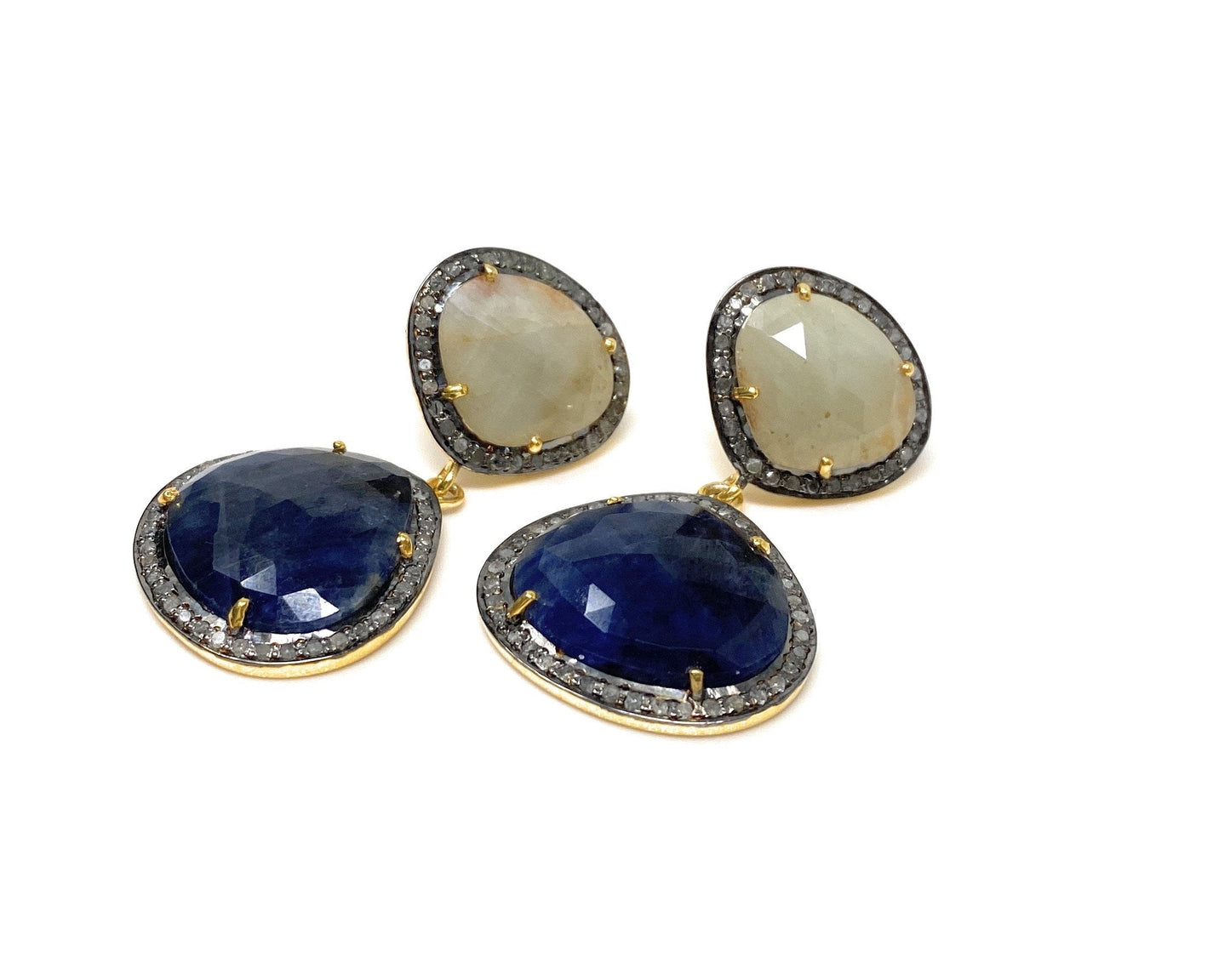 Rare Blue and Off White Sapphire Pave Diamond Earrings, Genuine Fancy