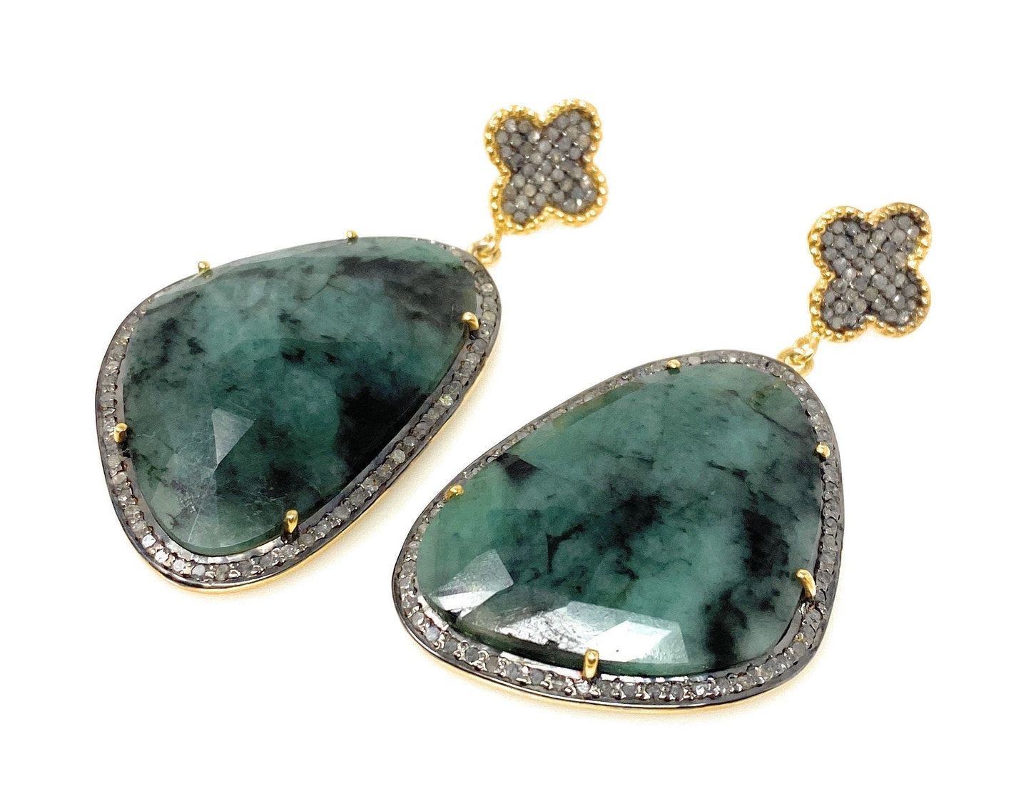 Genuine Emerald Pave Diamond Earrings, Natural Gemstone Earrings, Vict