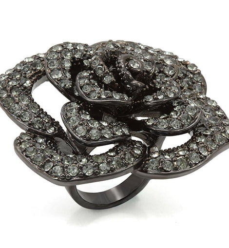 LO1266 - Ruthenium Brass Ring with Top Grade Crystal  in Black Diamond