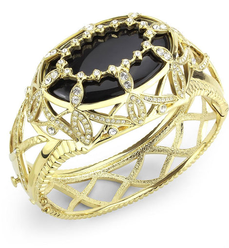 LO4349 - Gold Brass Bangle with Synthetic  in Jet Bracelets